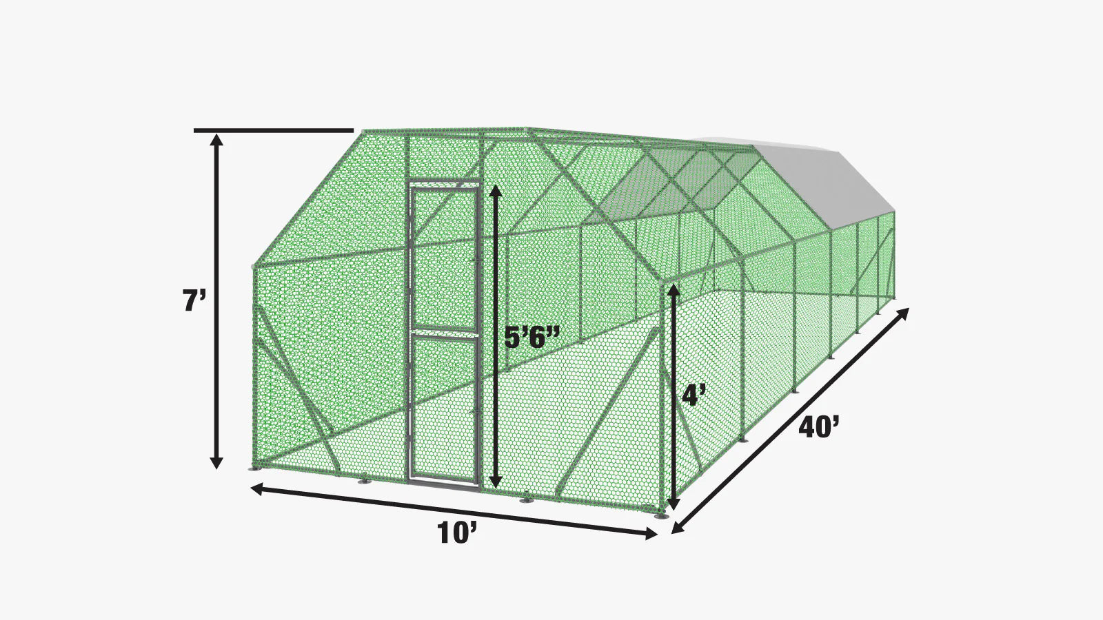 TMG Industrial 10’ x 40’ Wire Mesh Chicken Run Shelter Coop, Galvanized Steel, 400 Sq-Ft, Lockable Gate, PVC Coated Mesh, TMG-CRS1040-specifications-image