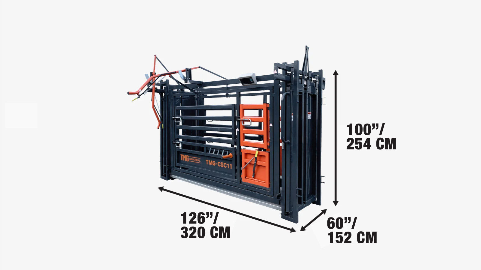 10' Squeeze Cattle Work Chute 4500-lb Weight Scale, Side Exit, Side Squeeze, Upper/Lower Swing Openings, LCD Weight Display, TMG-CSC11-specifications-image