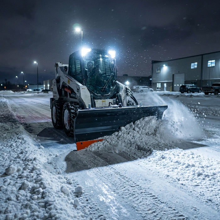 60" Skid Steer Dozer Blade/Snow Pusher, 30° Left & Right, Bolt-On Cutting Edge, Adjustable Skid Shoes, Universal Quick Mount, TMG-DB60