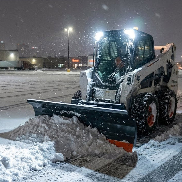 72" Skid Steer Dozer Blade/Snow Pusher, 30° Left & Right, Bolt-On Cutting Edge, Adjustable Skid Shoes, Universal Quick Mount, TMG-DB72
