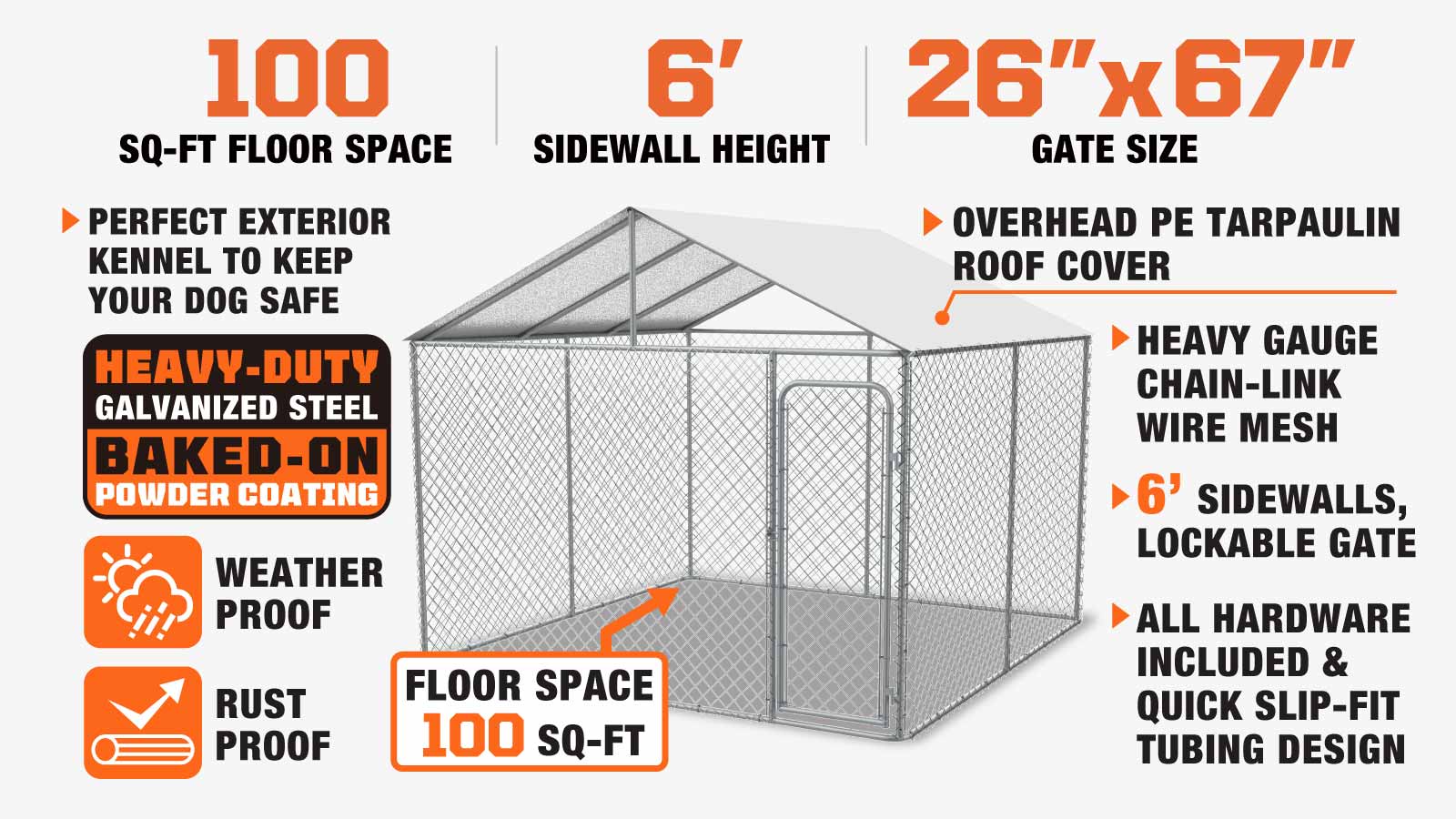 TMG Industrial 10’ x 10’ Outdoor Dog Kennel Playpen w/Cover, Outdoor Dog Runner, Pet Exercise House, Lockable Gate, 6’ Chain-Link Fence, TMG-DCP1010-description-image