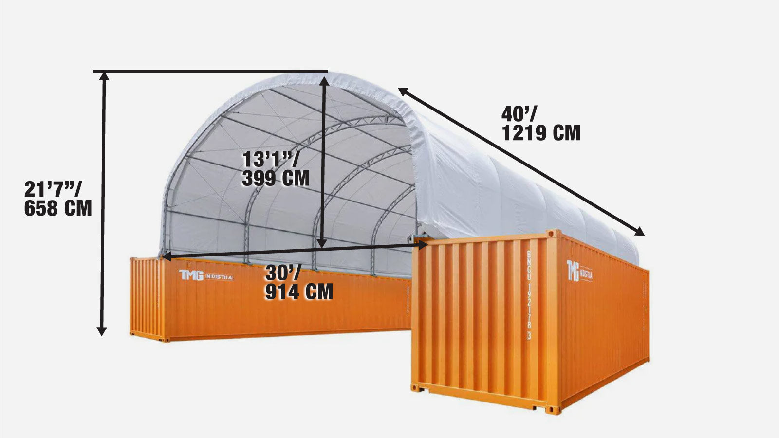 30' x 40' Dual Truss Container Shelter with Heavy Duty 17 oz PVC Cover, TMG-DT3040C-specifications-image