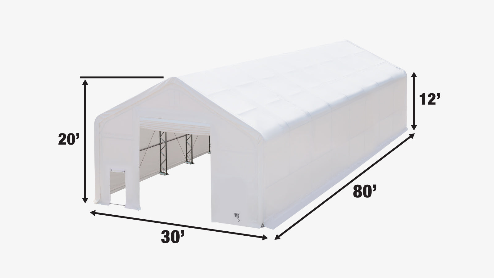 TMG Industrial 30' x 80' Dual Truss Storage Shelter with Heavy Duty 17 oz PVC Cover & Drive Through Doors, TMG-DT3081-specifications-image
