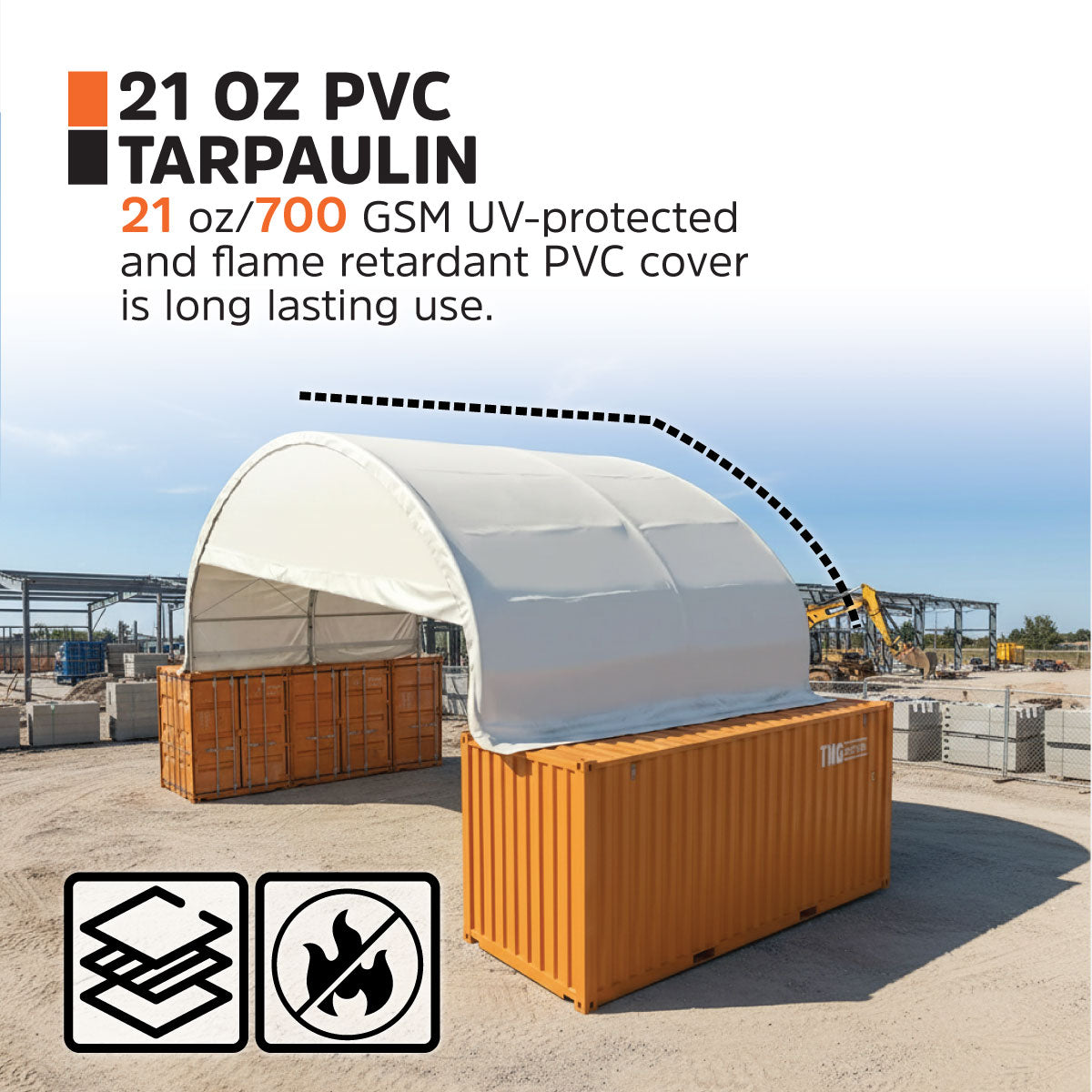 40' x 20' Dual Truss Container Shelter with Heavy Duty 21 oz PVC Cover, Enclosed End Wall & Front Drop, TMG-DT4022CF8