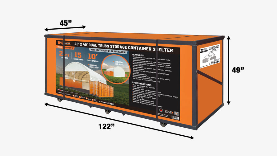 40' x 40' Dual Truss Container Shelter with Heavy Duty 21 oz PVC Cover, Enclosed End Wall & Front Drop, TMG-DT4041CF (Previously DT4040CF)-shipping-info-image