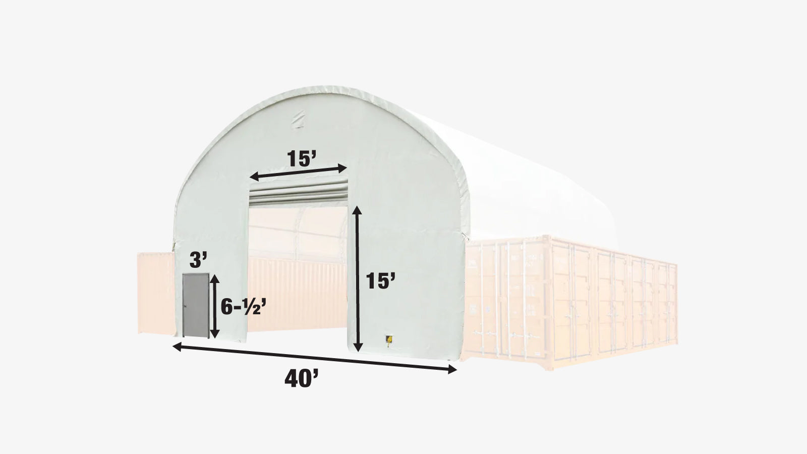 TMG Industrial Front & Back End Wall Kit, Custom Cut for TMG-DT4041C Dual Truss Container Shelter, Front Winch Roll-up Door, Steel Man Door, 21 oz PVC, TMG-DT40CFB-specifications-image