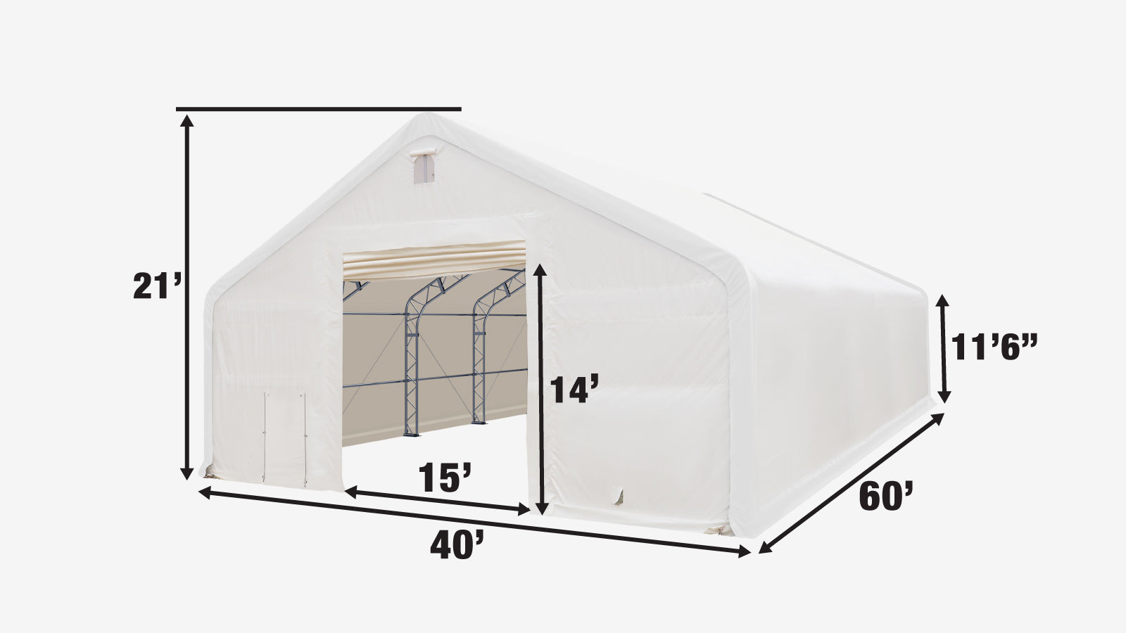 TMG Industrial 40' x 60' Dual Truss Storage Shelter with Heavy Duty 21 oz PVC Cover & Drive Through Doors, TMG-DT4061-specifications-image