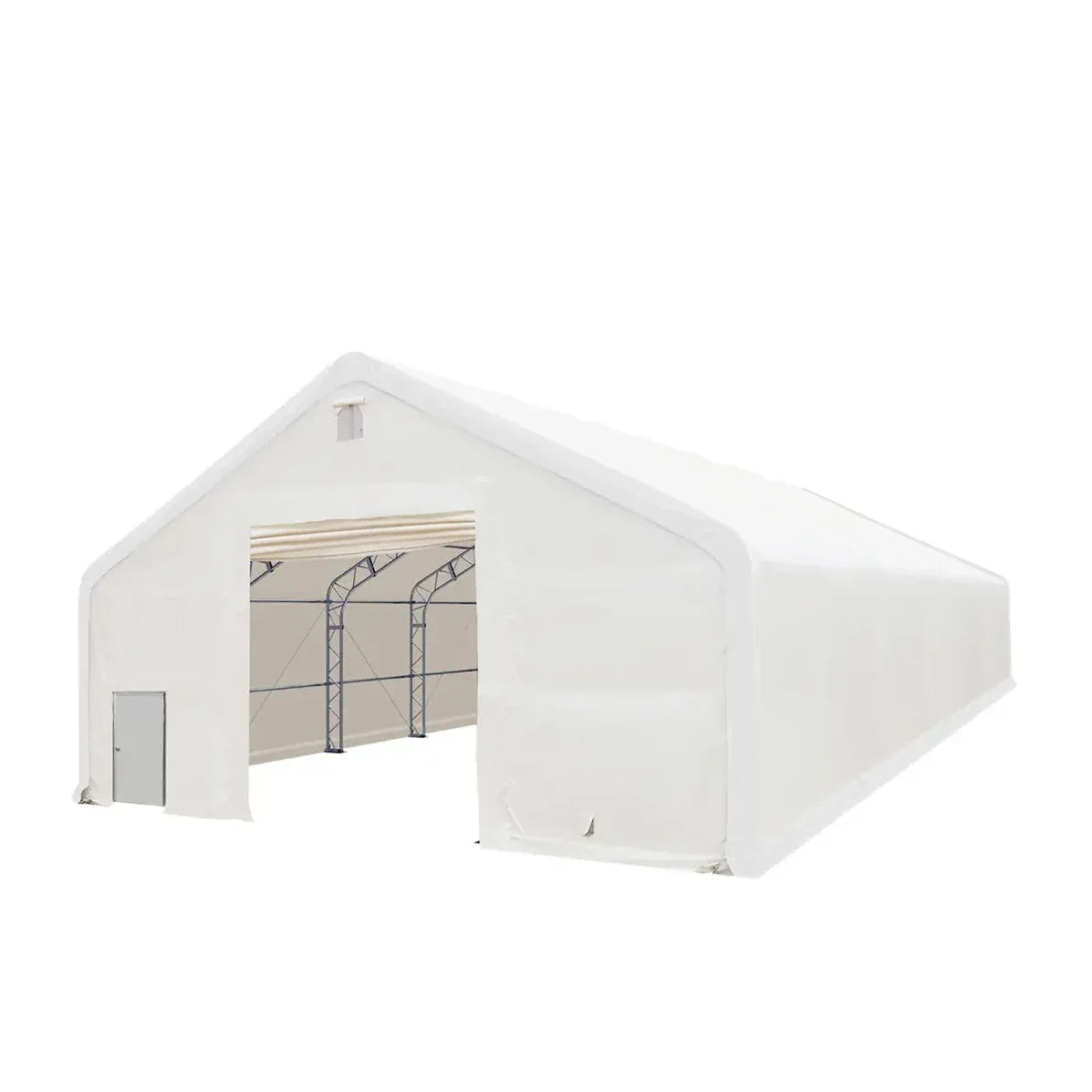 Angled view showing open end and trusses, Snow Series™ 40' x 80' Dual Truss Storage Shelter