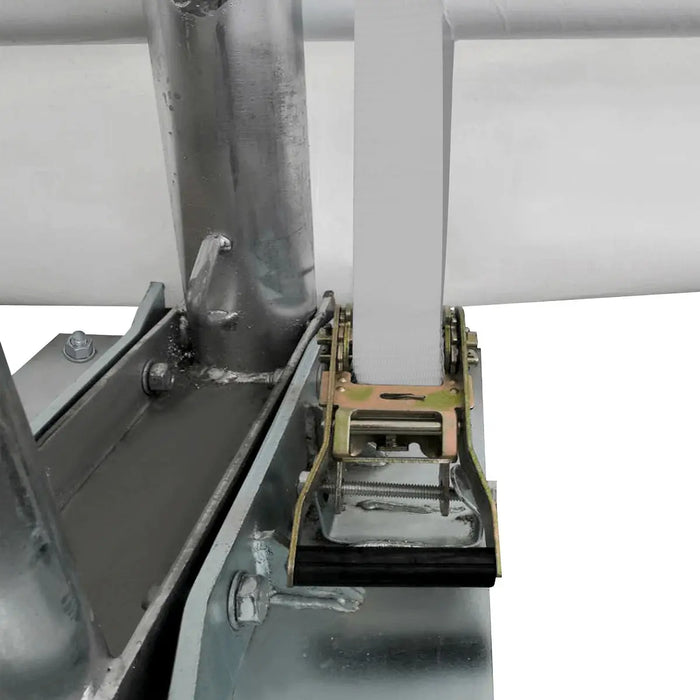 Strap and ratchet anchored to metal base, Snow Series™ 40' x 80' Dual Truss Storage Shelter