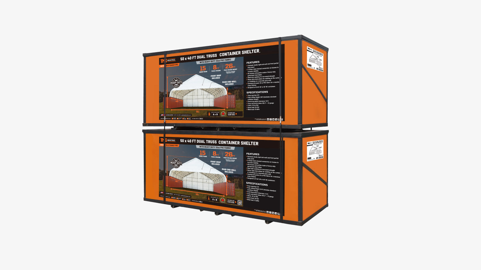 TMG Heavy Series™ 50' x 40' Dual Truss Container Shelter with Heavy Duty 32 oz PVC Cover, Enclosed End Wall and Front Drop, TMG-DT5040CF-PRO-shipping-info-image