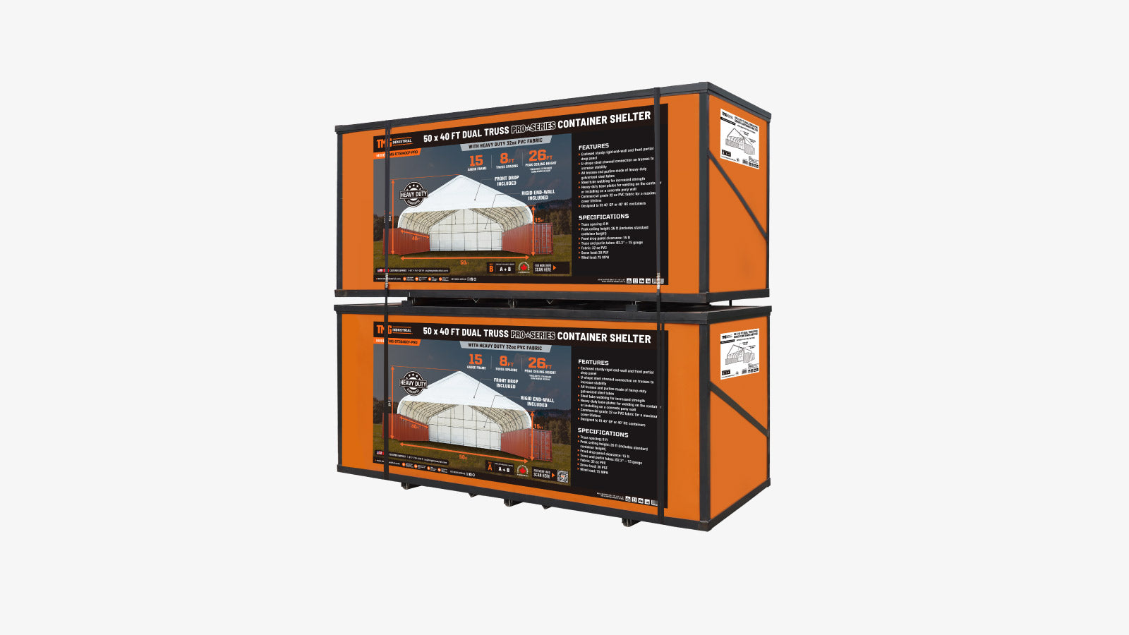 TMG Industrial Pro Series 50' x 40' Dual Truss Container Shelter with Heavy Duty 32 oz PVC Cover, Enclosed End Wall and Front Drop, TMG-DT5040CF-PRO-shipping-info-image