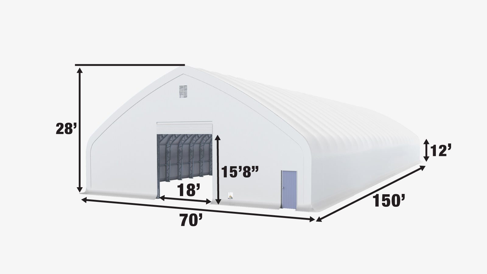 TMG Industrial Pro Series 70' x 150' Dual Truss Storage Shelter with Heavy Duty 32 oz PVC Cover & Drive Through Doors, TMG-DT70150-PRO-specifications-image