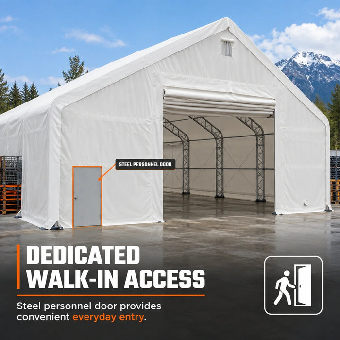 Snow Series 40' x 40' Dual Truss Storage Shelter featuring steel personnel door access
