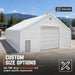 Snow Series 40' x 40' Dual Truss Storage Shelter roll-up door closed with custom options callout