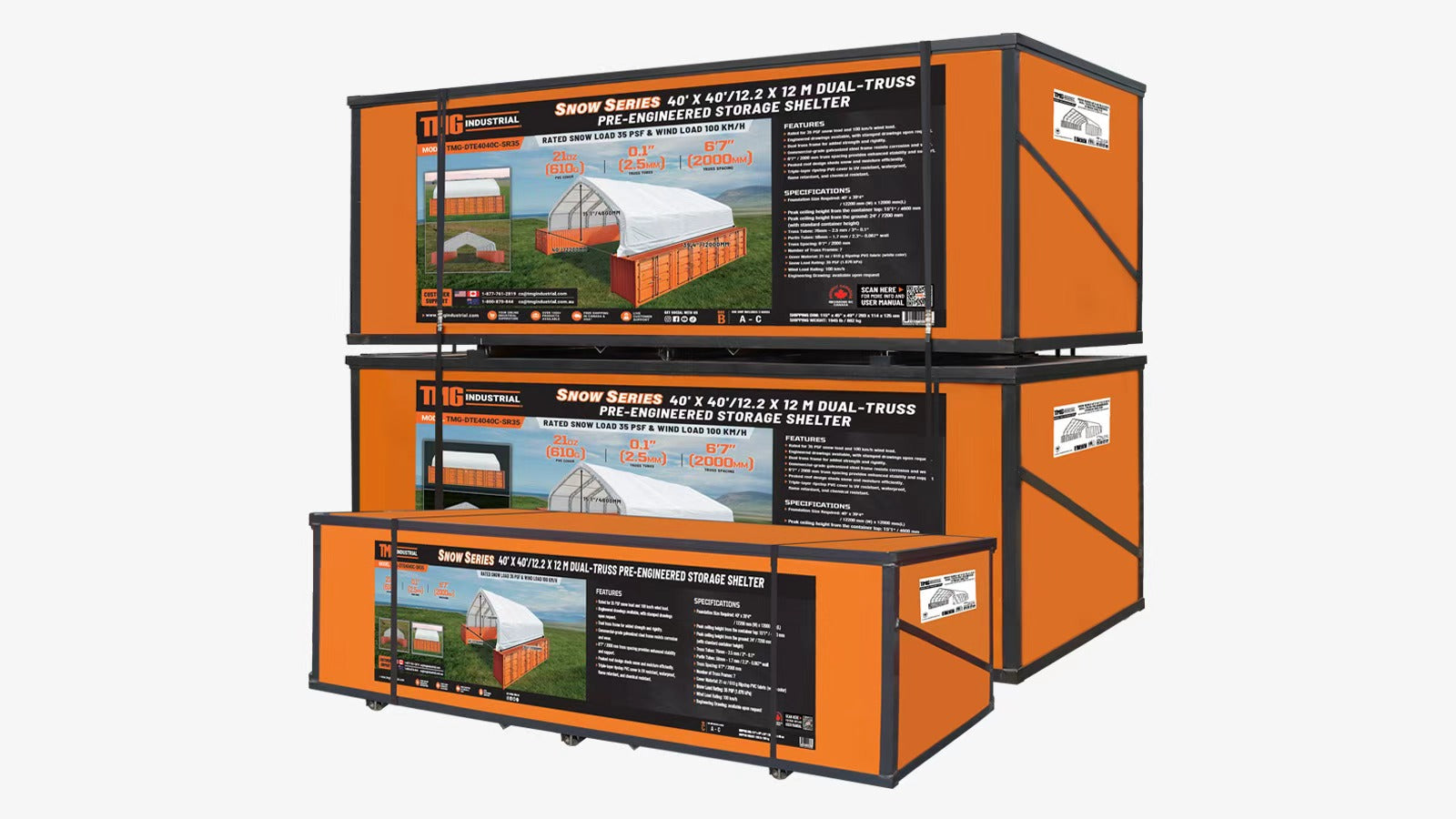Snow Series™ 40' x 40' Dual Truss Container Shelter, 35 PSF Snow Load Rated, Engineering Drawing, Heavy Duty 21 oz PVC Cover, TMG-DTE4040C-SR35-shipping-info-image