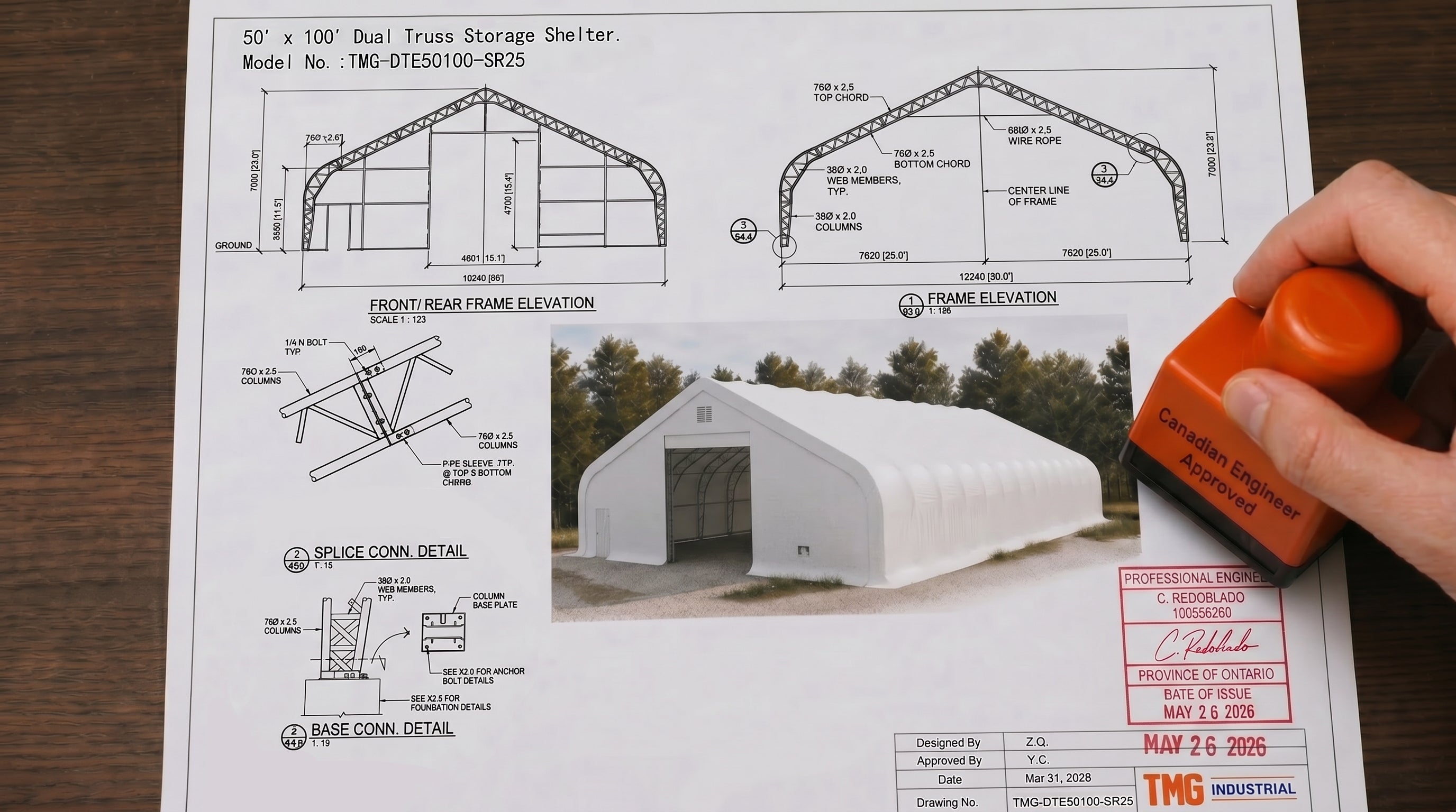 Snow Series 50' x 40' Dual Truss Container Shelter with 32 oz PVC Cover, 25 PSF Snow Load, Engineering Drawings, TMG-DTE5040C-SR25-specifications-image