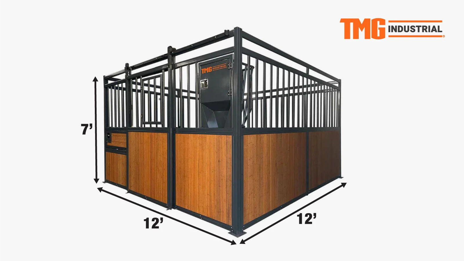 TMG Industrial 12’ x 12’ Bamboo Horse Stall, Vertical Bar Top, Window/Feeder Opening, Front Sliding Door w/Double-Gravity Latch, TMG-FHS13-specifications-image