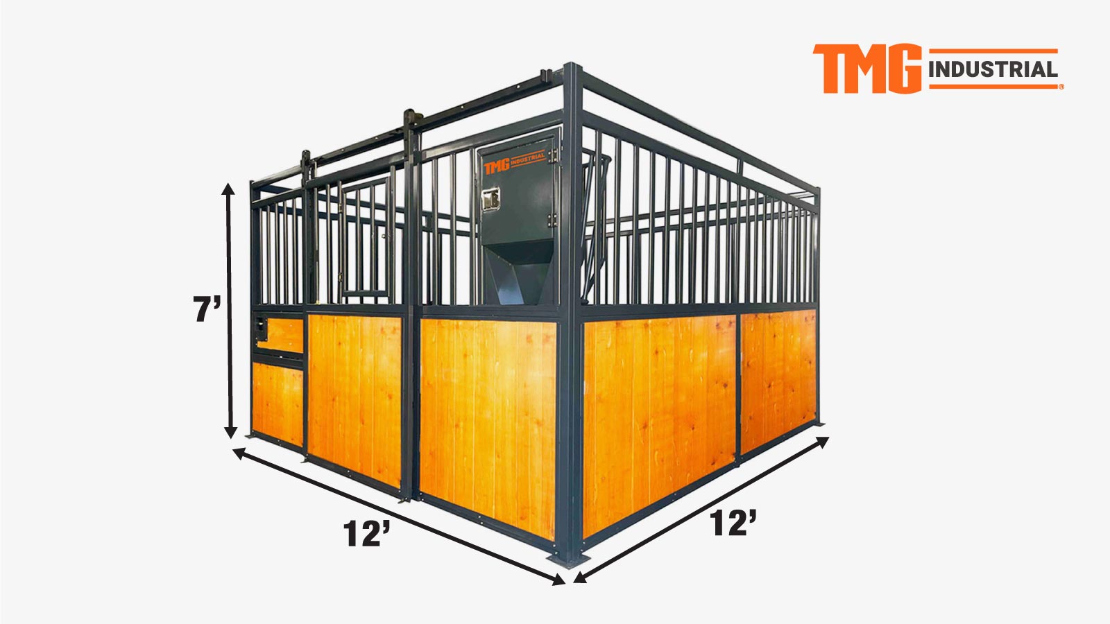 TMG Industrial 12’ Horse Stall Pine Lumber Panel, Vertical Bar Top & Wood-Filled Bottom, Front panel c/w Window/Feeder and Sliding Door, TMG-FHS12A and FHS12B-specifications-image