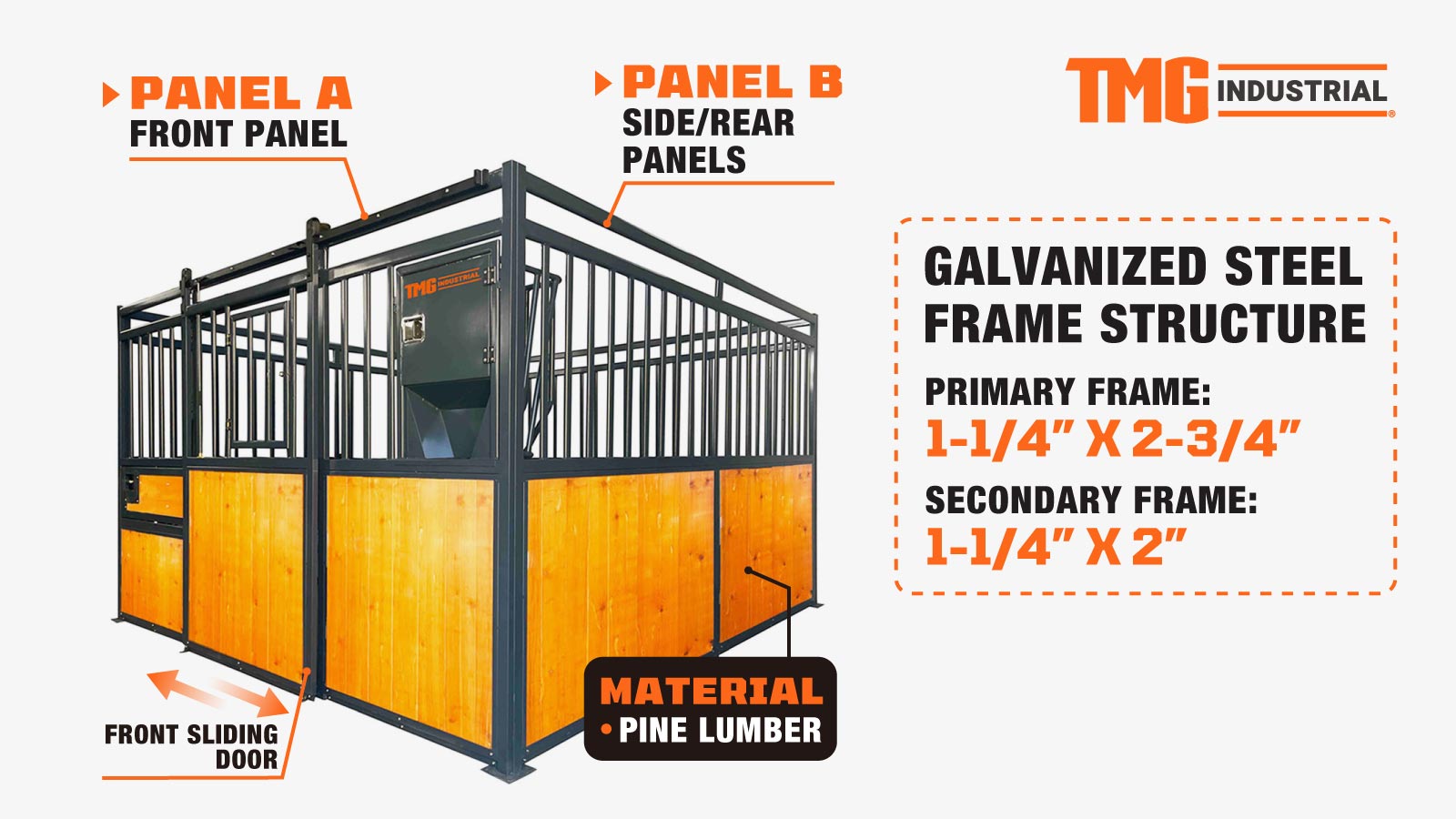 TMG Industrial 12’ Horse Stall Pine Lumber Panel, Vertical Bar Top & Wood-Filled Bottom, Front panel c/w Window/Feeder and Sliding Door, TMG-FHS12A and FHS12B-description-image