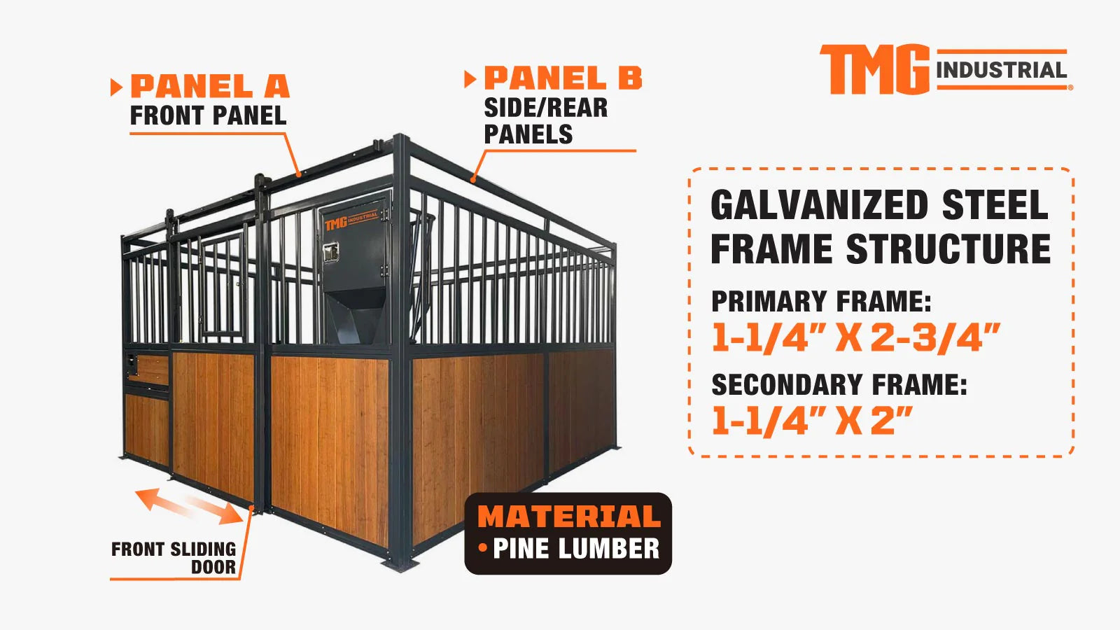 TMG Industrial 12’ x 12’ Horse Stall Set w/Pine Lumber Boards, Vertical Bar Top & Wood-Filled Bottom, Window/Feeder Opening, Front Sliding Door, TMG-FHS12-description-image