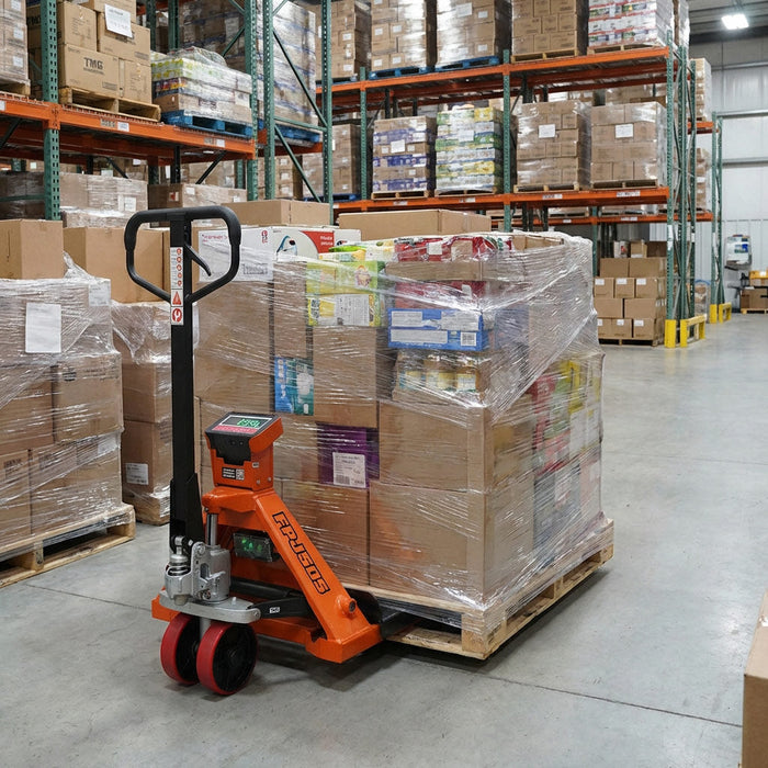 5000-lb Narrow Pallet Jack Truck w/Scale, 210° Steering Arc, 45" Forks, 2" LCD Display, TMG-FPJ50SN