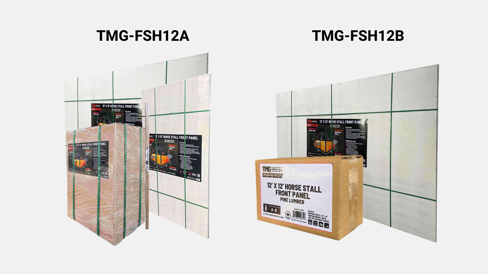TMG Industrial 12’ Horse Stall Pine Lumber Panel, Vertical Bar Top & Wood-Filled Bottom, Front panel c/w Window/Feeder and Sliding Door, TMG-FHS12A and FHS12B-shipping-info-image