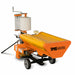 Bale wrapper with yellow top cover and orange end panel bearing the TMG Industrial logo, film roll on the upright stand