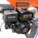Close-up of the black gas engine with air cleaner mounted on the orange GBW24 bale wrapper frame