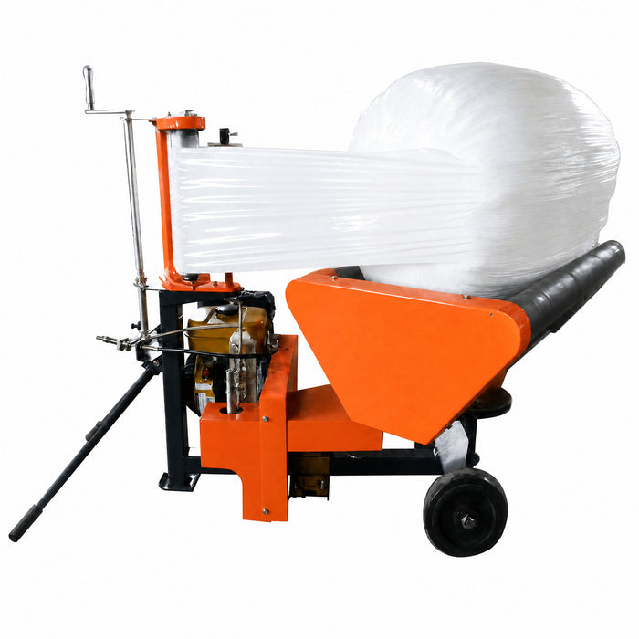 Bale wrapper with film roll stand and orange side panel, with white stretch film covering a large round bale