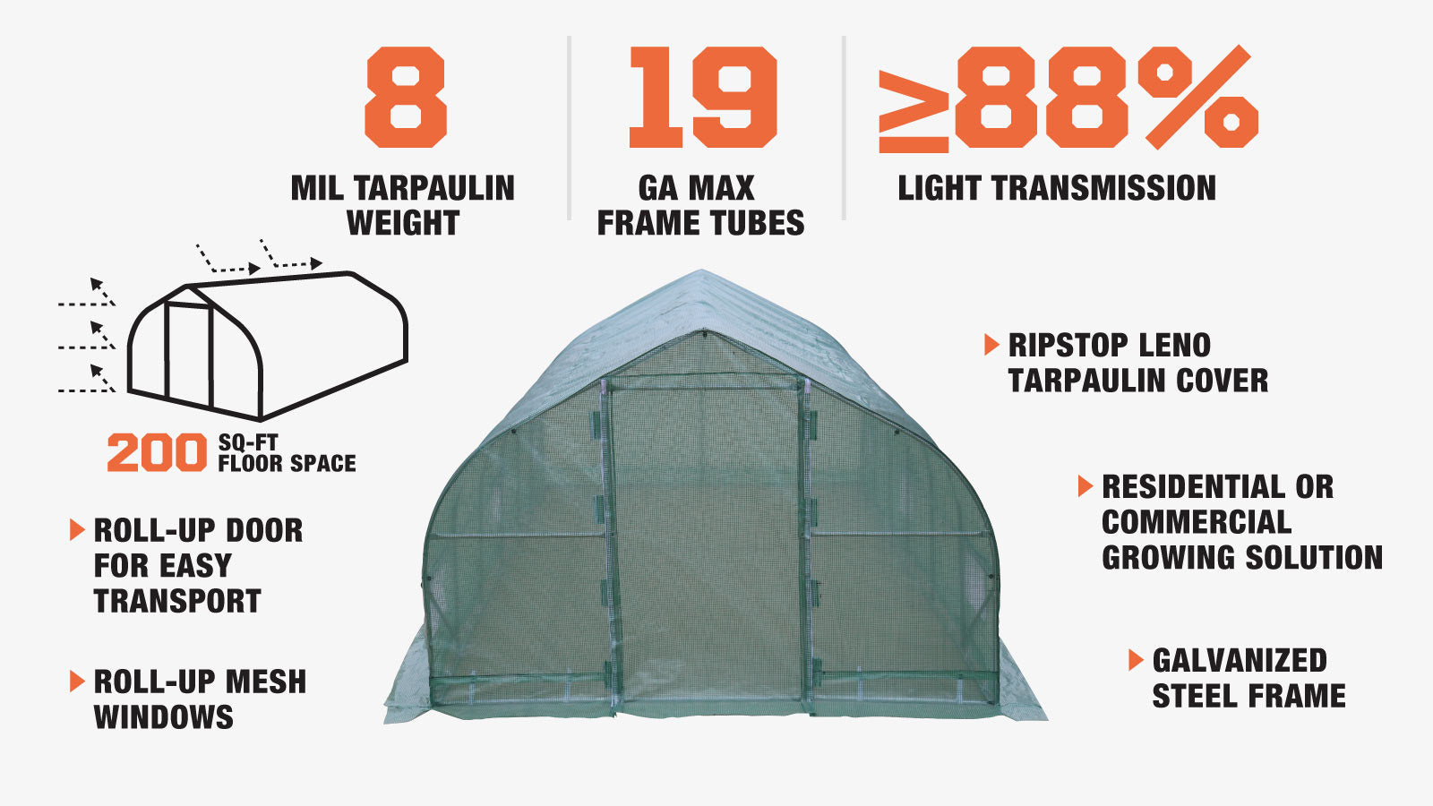 TMG Industrial 10’ x 20’ Tunnel Greenhouse Grow Tent w/Ripstop Leno Cover, Cold Frame, Roll-Up Mesh Windows, Peak Roof, TMG-GH1020P-description-image