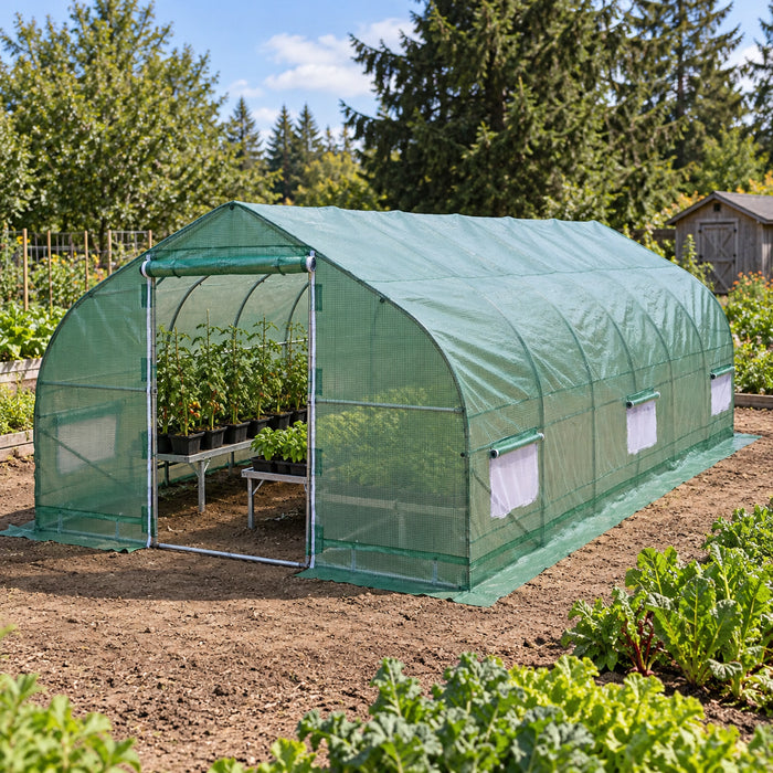 10' x 20' Tunnel Greenhouse Grow Tent w/Ripstop Leno Cover, Cold Frame, Roll-Up Mesh Windows, Peak Roof, TMG-GH1020P