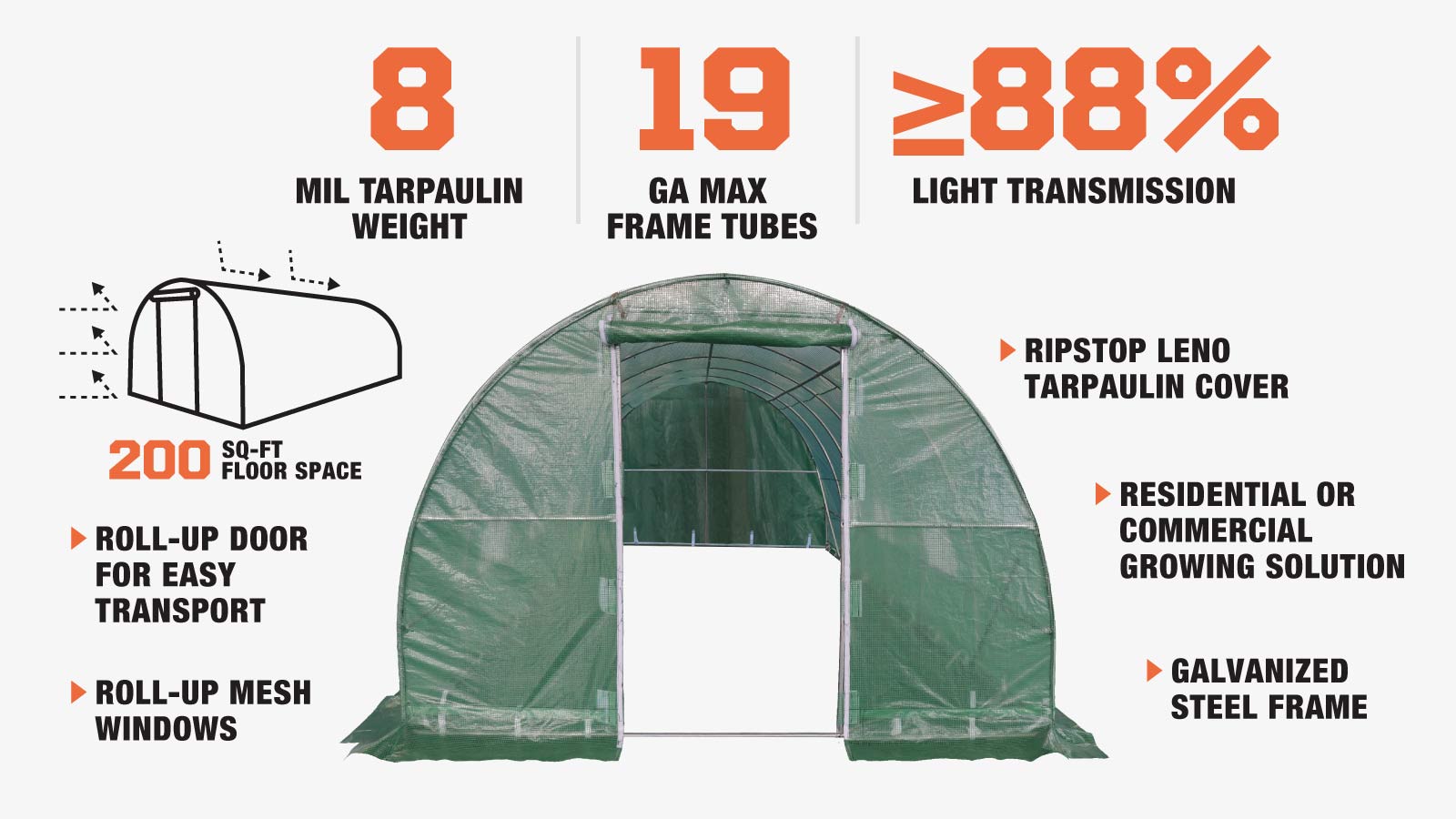 TMG Industrial 10’ x 20’ Tunnel Greenhouse Grow Tent w/Ripstop Leno Cover, Cold Frame, Roll-Up Mesh Windows, Round Top Roof, TMG-GH1020R-description-image