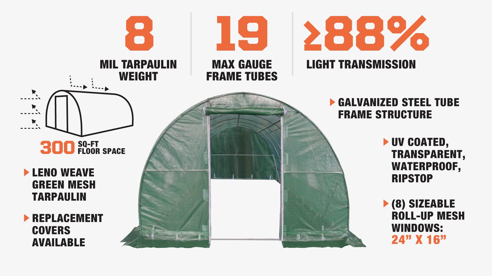 TMG Industrial 10’ x 30’ Tunnel Greenhouse Grow Tent w/Ripstop Leno Cover, Cold Frame, Roll-Up Mesh Windows, Round Top Roof, TMG-GH1030R-description-image