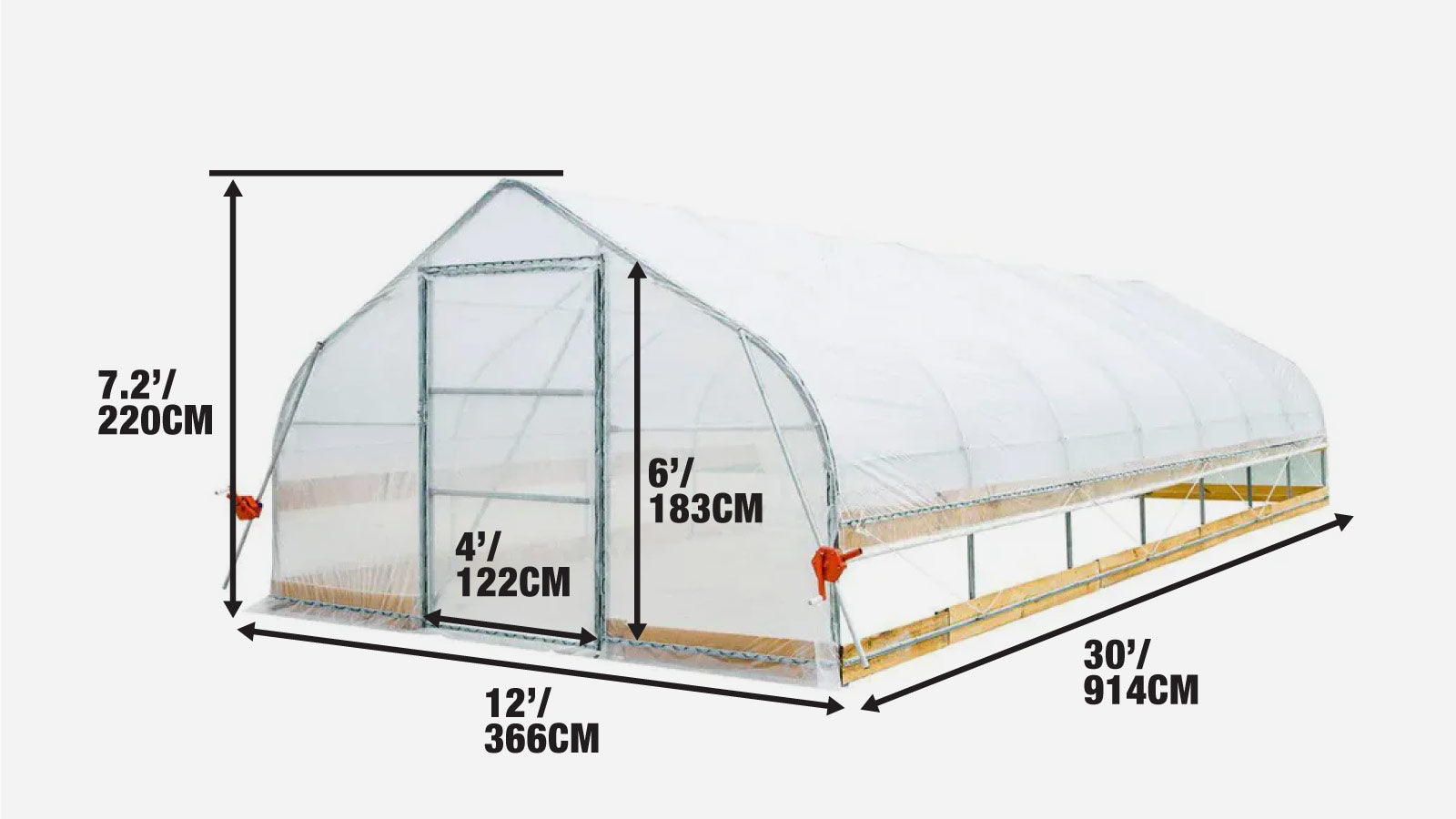 12’ x 30’ Tunnel Greenhouse Grow Tent w/6 Mil Clear EVA Plastic Film, Cold Frame, Hand Crank Roll-Up Sides, Peak Ceiling Roof, TMG-GH1230-specifications-image