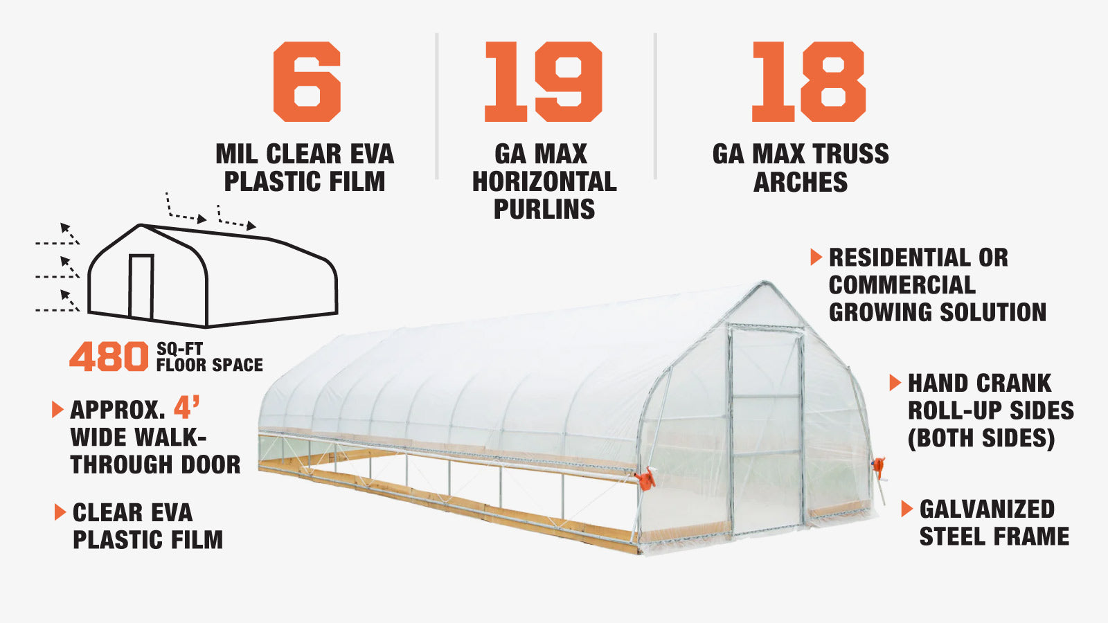 TMG Industrial 12’ x 40’ Tunnel Greenhouse Grow Tent w/6 Mil Clear EVA Plastic Film, Cold Frame, Hand Crank Roll-Up Sides, Peak Ceiling Roof, TMG-GH1240-description-image