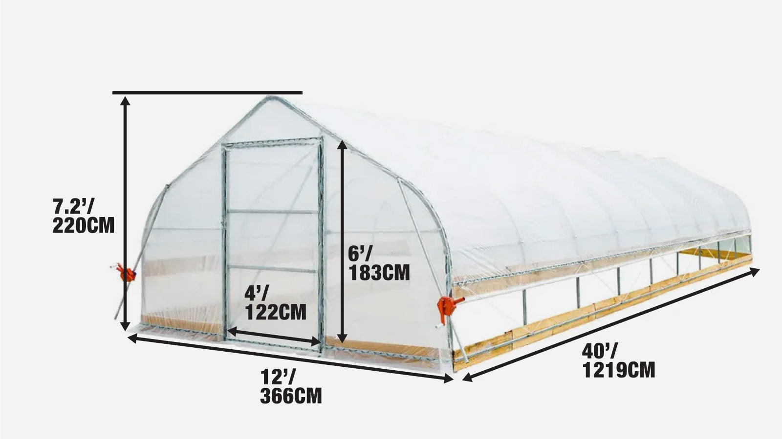 12’ x 40’ Tunnel Greenhouse Grow Tent w/6 Mil Clear EVA Plastic Film, Cold Frame, Hand Crank Roll-Up Sides, Peak Ceiling Roof, TMG-GH1240-specifications-image