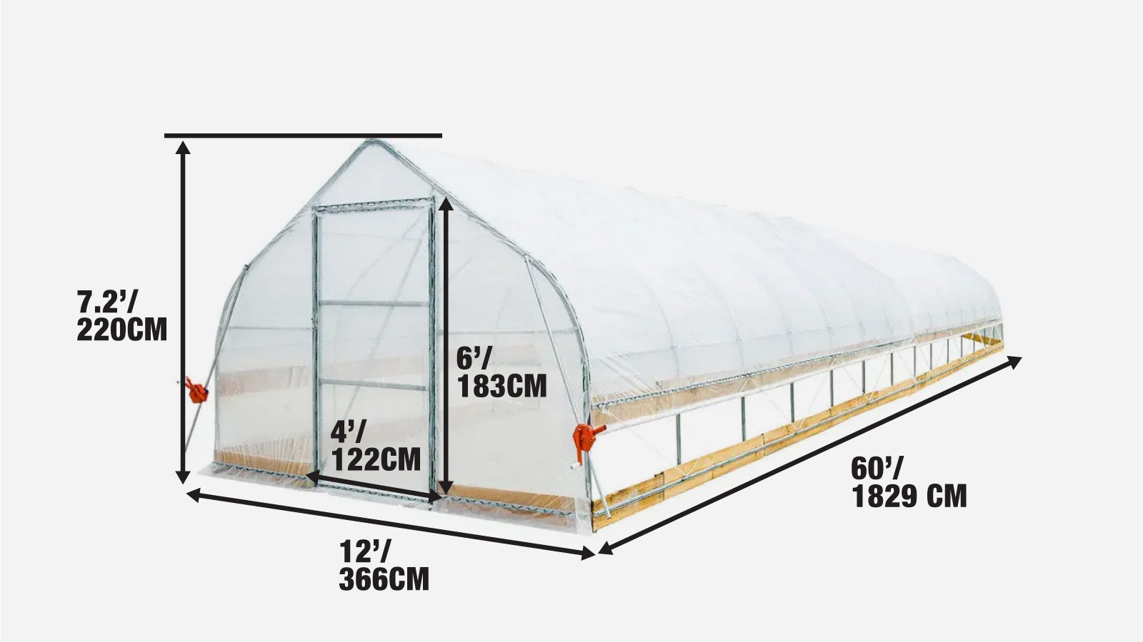 12’ x 60’ Tunnel Greenhouse Grow Tent w/6 Mil Clear EVA Plastic Film, Cold Frame, Hand Crank Roll-Up Sides, Peak Ceiling Roof, TMG-GH1260-specifications-image