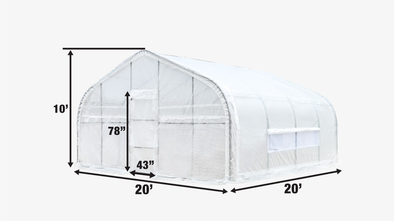 TMG Industrial 20’ x 20’ Tunnel Greenhouse Grow Tent w/12 Mil Ripstop Leno Mesh Cover, Cold Frame, Roll-up Windows, Peak Ceiling Roof, TMG-GH2020-specifications-image