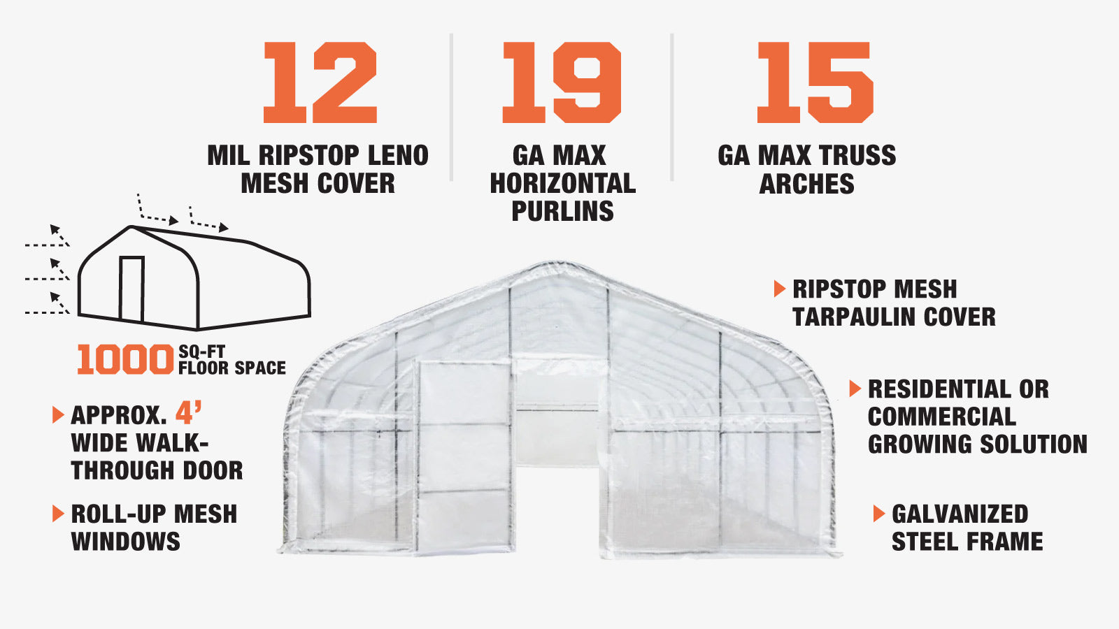 TMG Industrial 20’ x 50’ Tunnel Greenhouse Grow Tent w/12 Mil Ripstop Leno Mesh Cover, Cold Frame, Roll-up Windows, Peak Ceiling Roof, TMG-GH2050-description-image