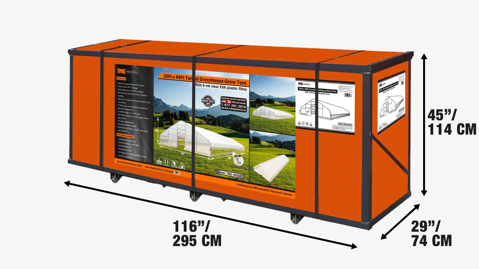 25’ x 80’ Tunnel Greenhouse Grow Tent w/6 Mil Clear EVA Plastic Film, Cold Frame, Hand Crank Roll-Up Sides, Peak Ceiling Roof, TMG-GH2580-shipping-info-image