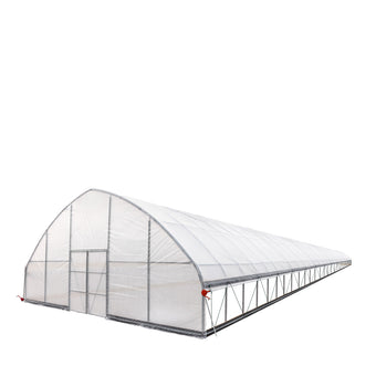 Angled front-left view showing full-length Commercial Tunnel Greenhouse with closed roll-up sides