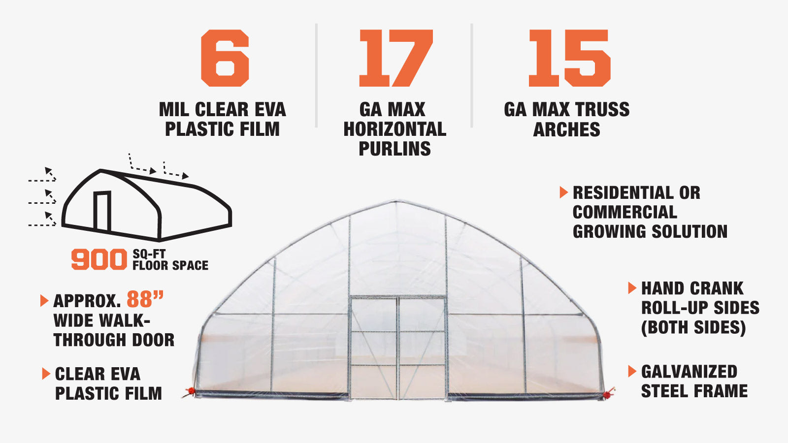 TMG Industrial 30’ x 30’ Tunnel Greenhouse Grow Tent w/6 Mil Clear EVA Plastic Film, Cold Frame, Hand Crank Roll-Up Sides, Peak Ceiling Roof, TMG-GH3030-description-image
