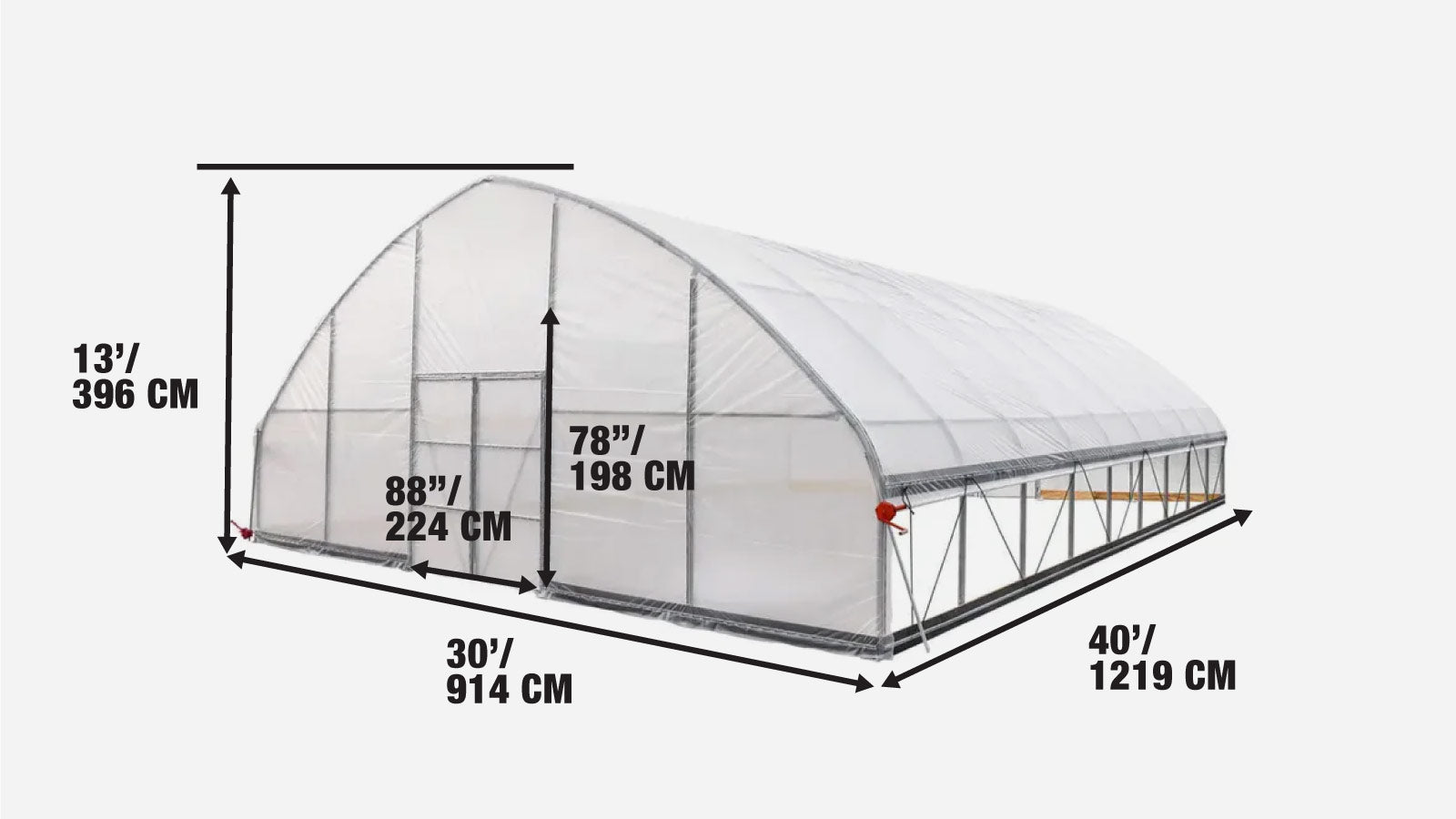 30’ x 40’ Tunnel Greenhouse Grow Tent w/6 Mil Clear EVA Plastic Film, Cold Frame, Hand Crank Roll-Up Sides, Peak Ceiling Roof, TMG-GH3040-specifications-image