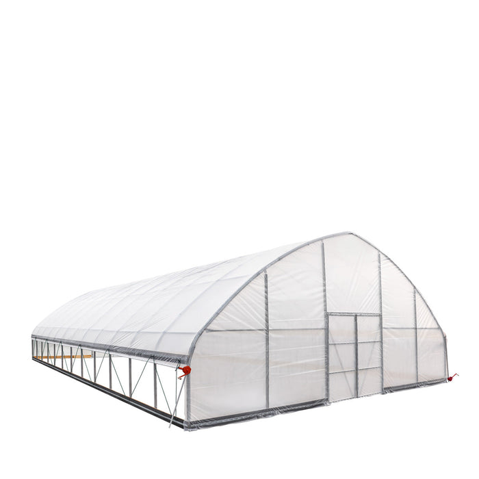 Three-quarter right-side view showing Commercial Tunnel Greenhouse and side bracing.
