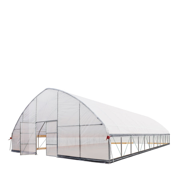 Perspective with front door open showing Commercial Tunnel Greenhouse entrance and frame.