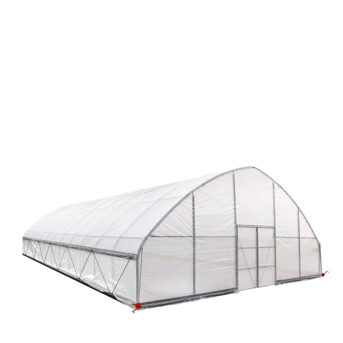 Side-angle showcasing roll-up side mechanism and frame of Commercial Tunnel Greenhouse.