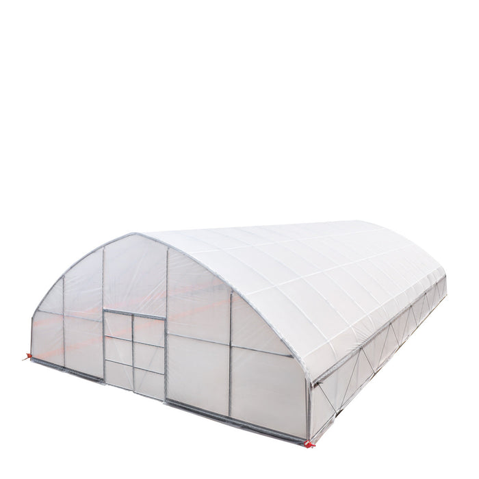 Rear three-quarter perspective showing smooth top cover and anchoring on Commercial Tunnel Greenhouse.