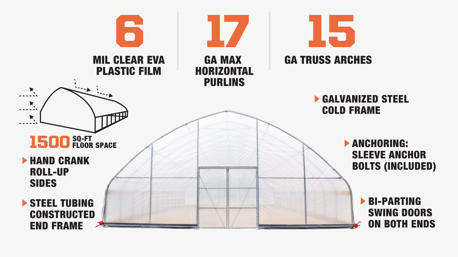 TMG Industrial 30’ x 50’ Tunnel Greenhouse Grow Tent w/6 Mil Clear EVA Plastic Film, Cold Frame, Hand Crank Roll-Up Sides, Peak Ceiling Roof, TMG-GH3050-description-image