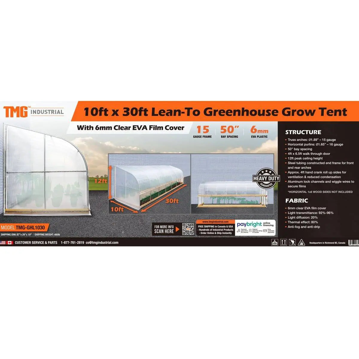 10' x 30' Lean-To Greenhouse Grow Tent w/6 Mil Clear EVA Plastic Film, Cold Frame, Hand Crank Roll-Up Side, 6-½' Sidewall, TMG-GHL1030-V2 (Previously GHL1030)