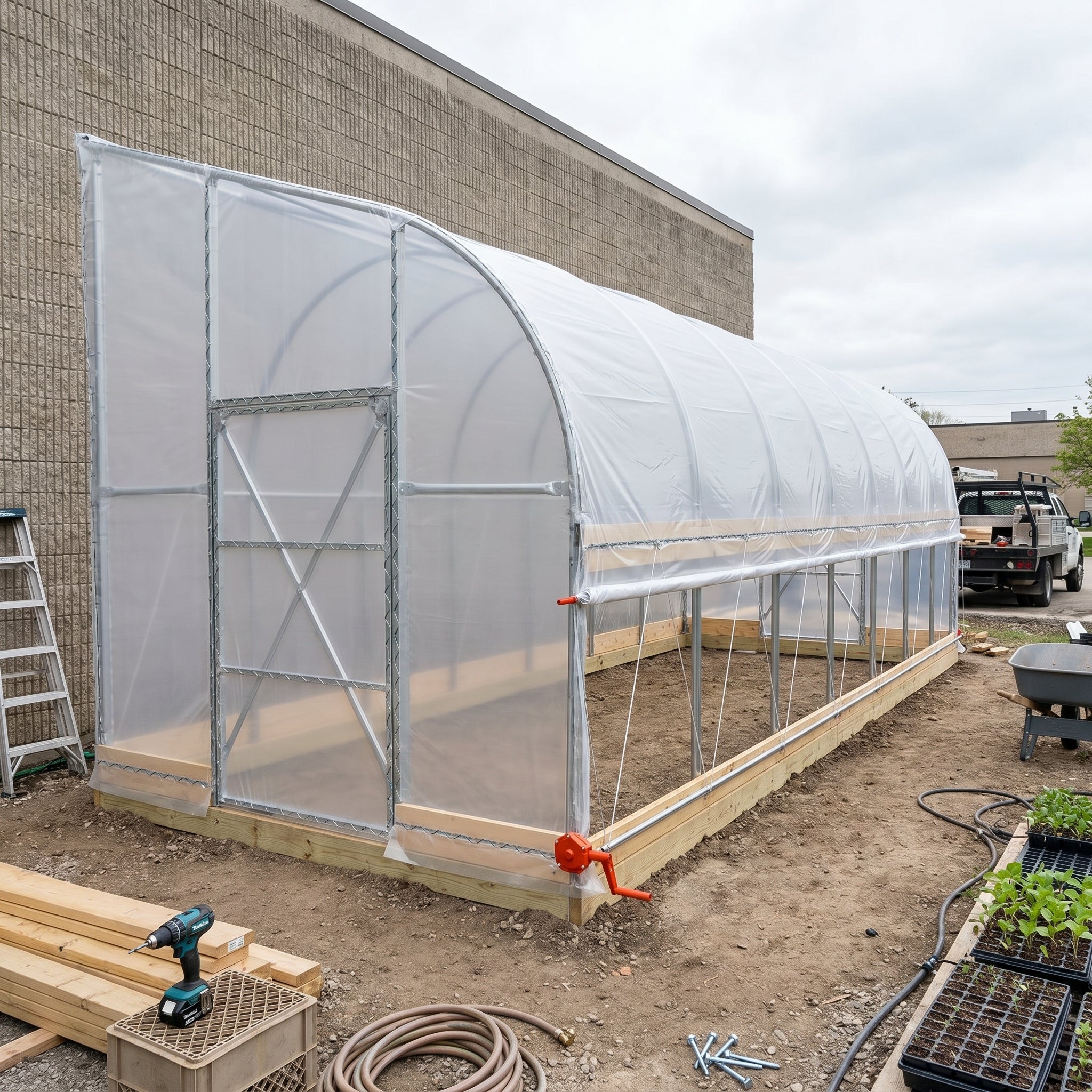 TMG-GHL1030-V2 10' x 30' lean-to greenhouse grow tent with 6 mil clear EVA film cover and hand crank roll-up side, view 4.